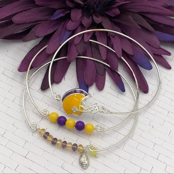 🌼 Set 3 Purple & Yellow Football Bangle Bracelets - Picture 1 of 2